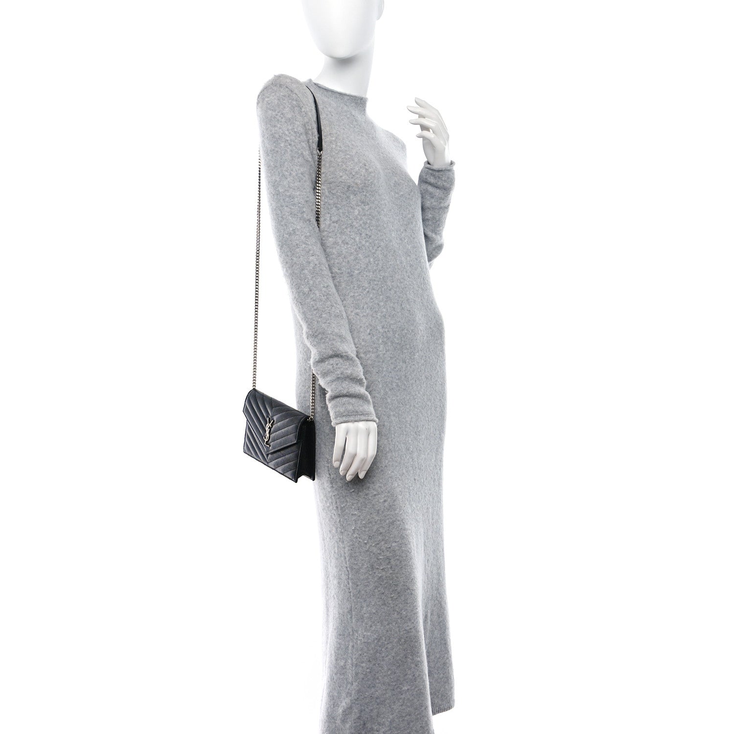 Saint Laurent Grain De Poudre Matelasse Chevron Monogram Envelope Chain Wallet Black 2 of 11