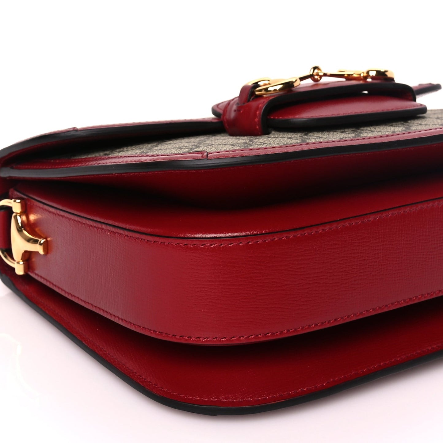 GG Supreme Monogram Azalea Calfskin Horsebit 1955 Shoulder Bag Beige Ebony New Cherry Red