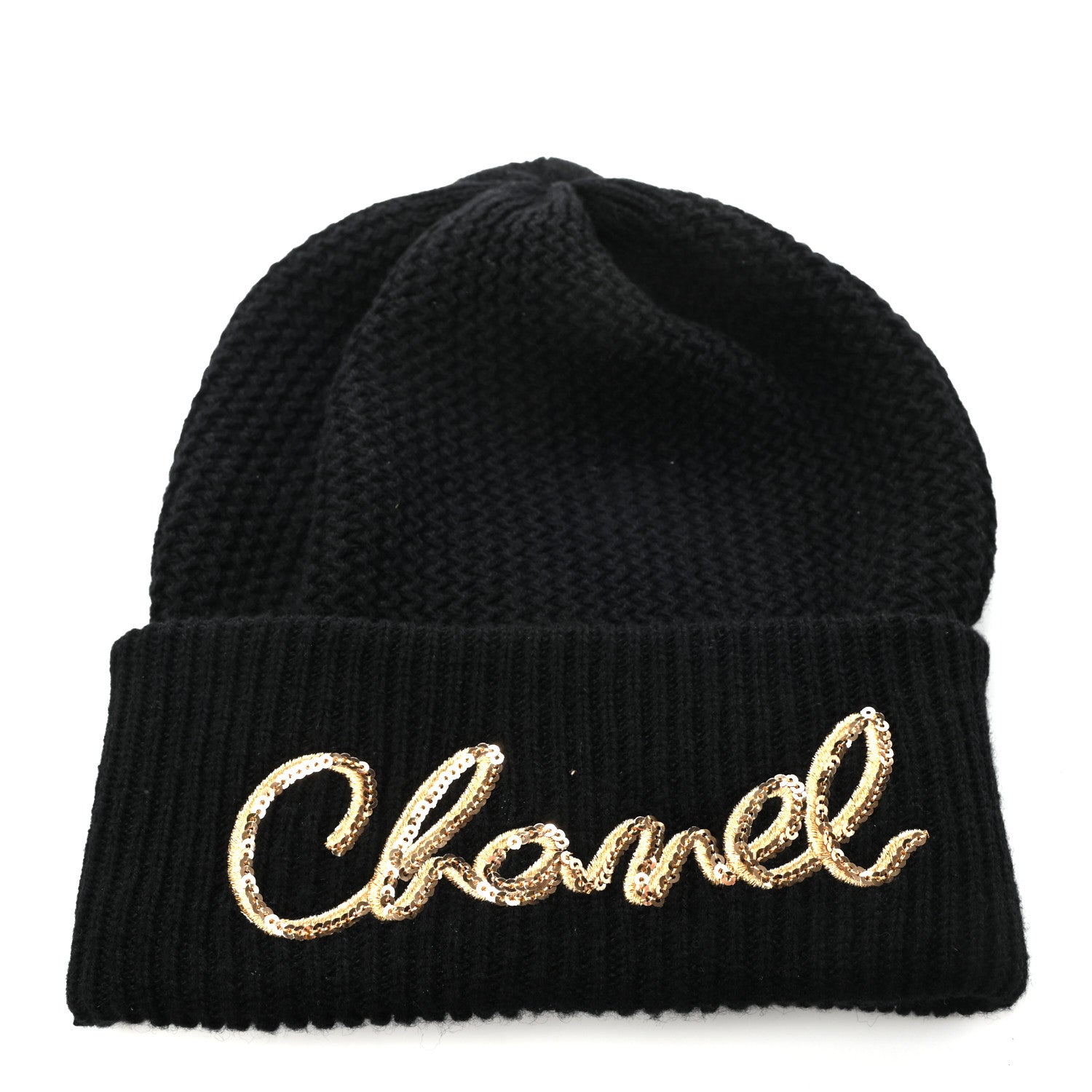Chanel Cashmere Sequin Logo Beanie Hat Black Gold 1 of 5