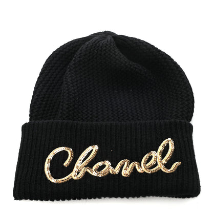 Chanel Cashmere Sequin Logo Beanie Hat Black Gold 1 of 5