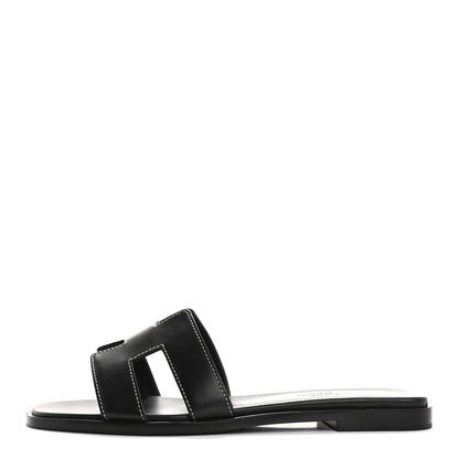 Hermes Box Calfskin Oran Sandals 36.5 Black 1 of 7