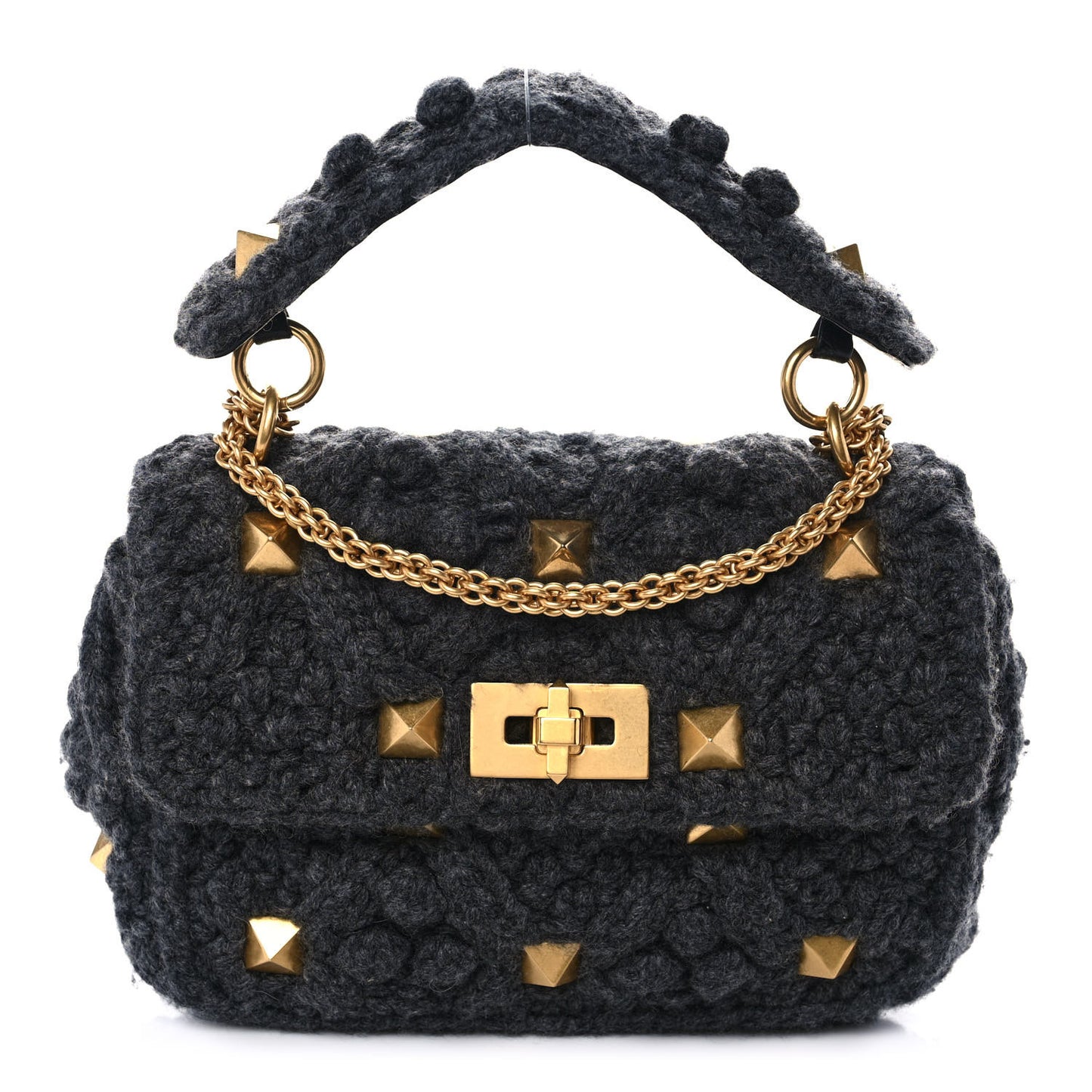 Cashmere Knit Medium Roman Stud Shoulder Bag Grey