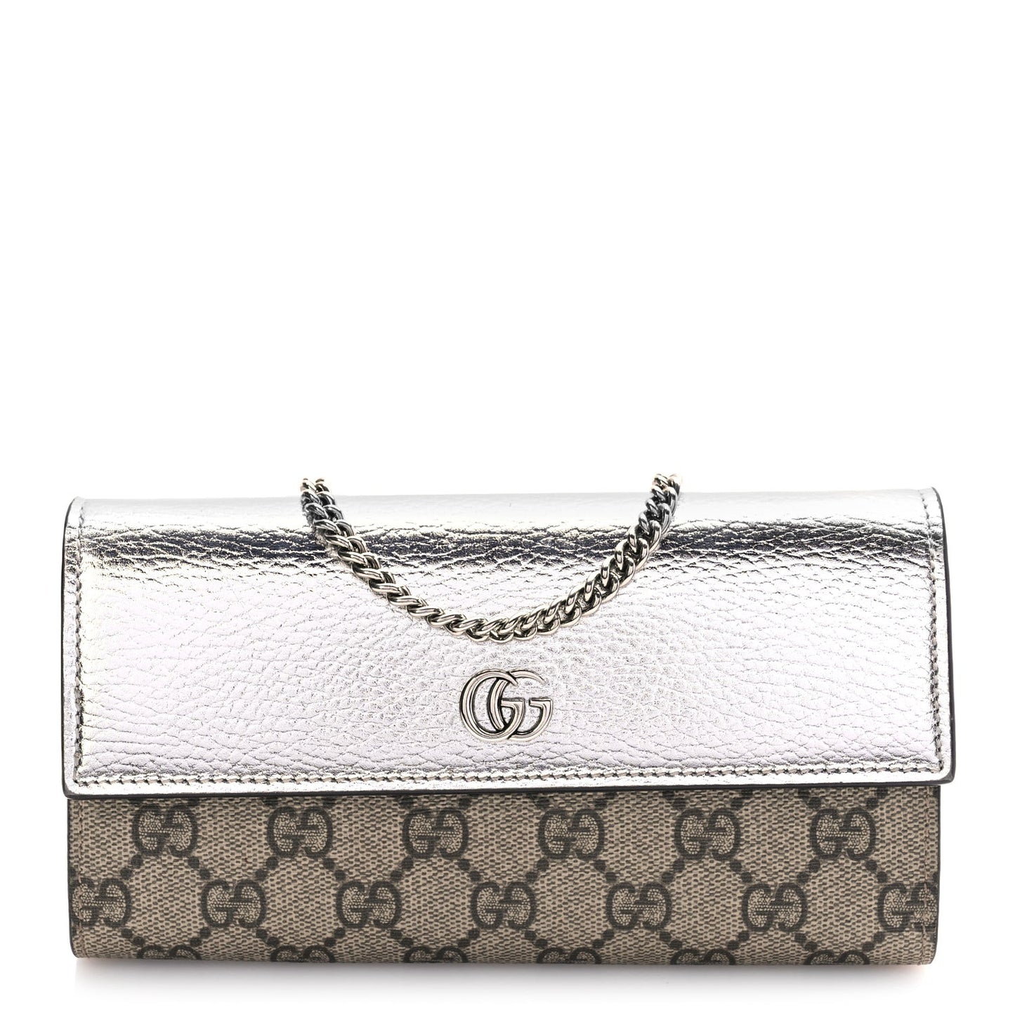 Metallic Calfskin GG Supreme Monogram Petite GG Marmont Wallet Chain Bag Silver Beige Ebony
