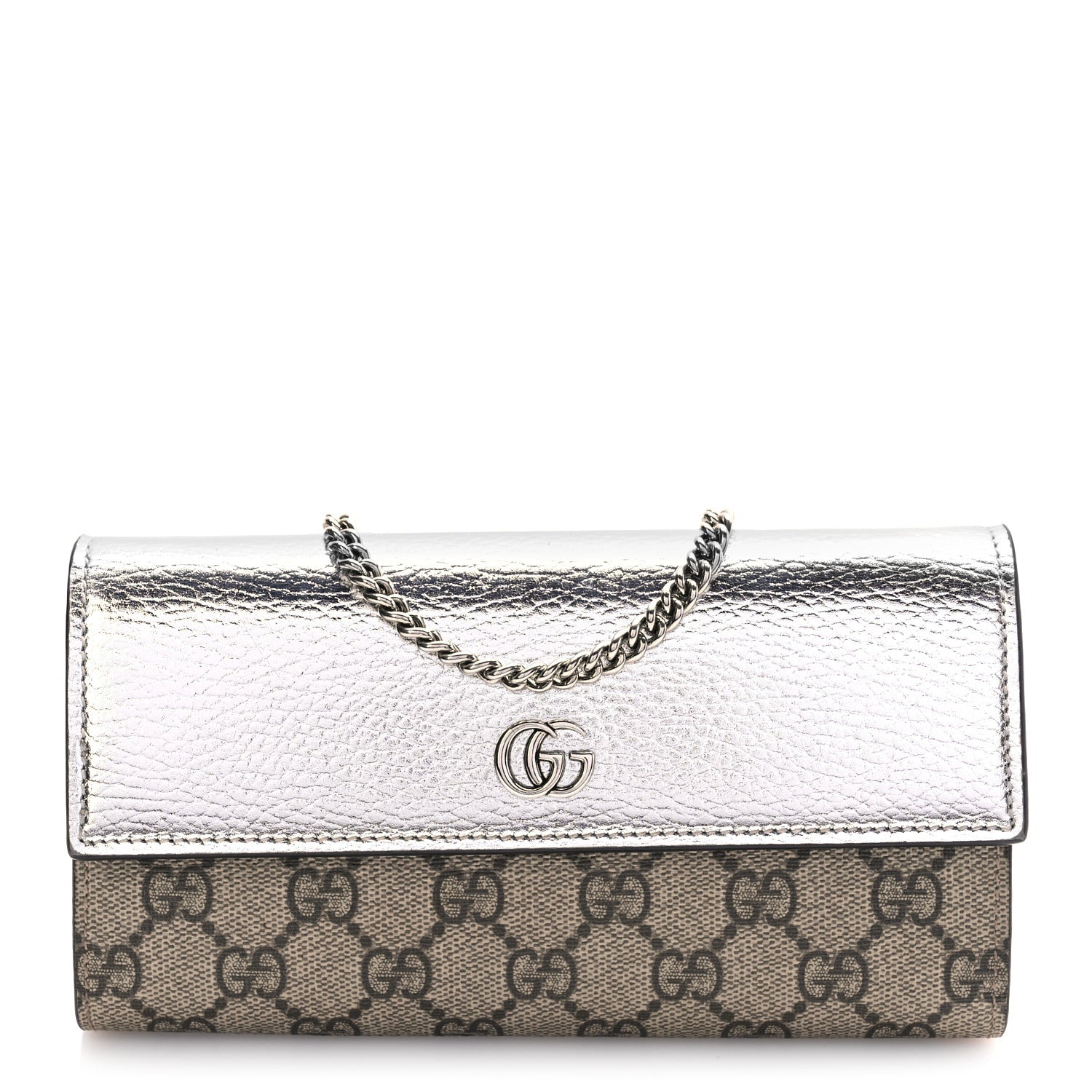 Gucci Metallic Calfskin GG Supreme Monogram Petite GG Marmont Wallet Chain Bag Silver Beige Ebony 1 of 8