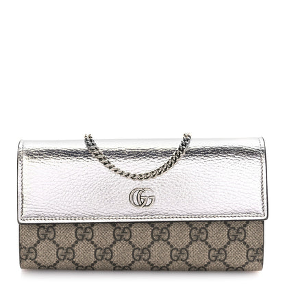 Gucci Metallic Calfskin GG Supreme Monogram Petite GG Marmont Wallet Chain Bag Silver Beige Ebony 1 of 8