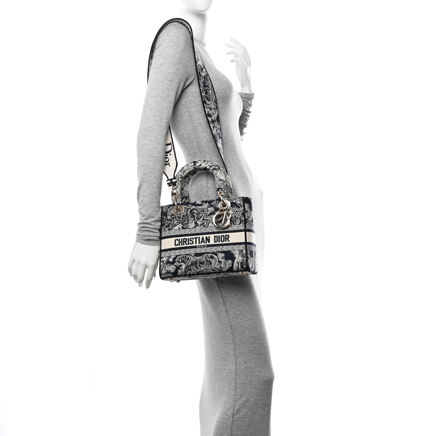 Christian Dior Canvas Toile De Jouy Reverse Embroidered Medium Lady D-Lite Navy 2 of 11