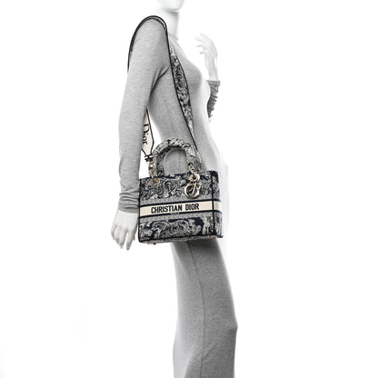 Christian Dior Canvas Toile De Jouy Reverse Embroidered Medium Lady D-Lite Navy 2 of 11