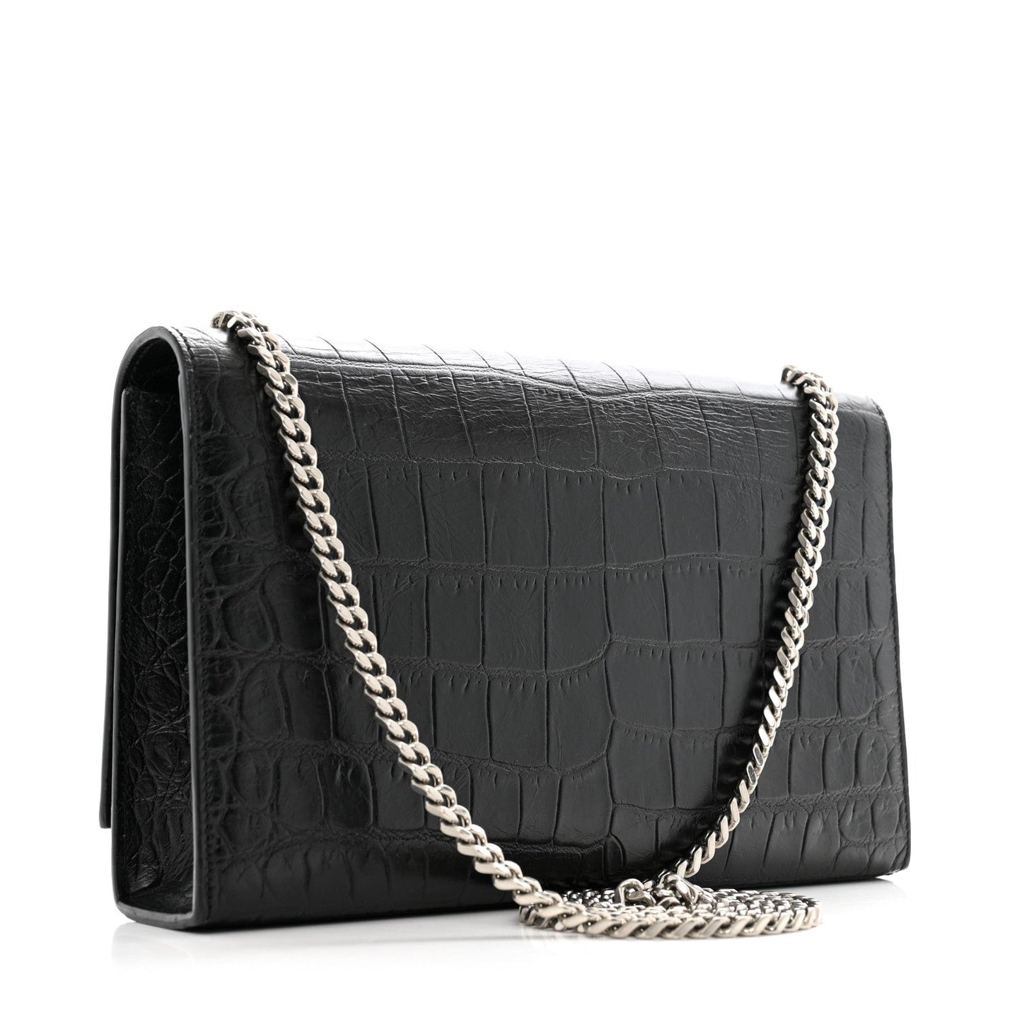 Calfskin Crocodile Embossed Medium Classic Monogram Kate Tassel Satchel Black