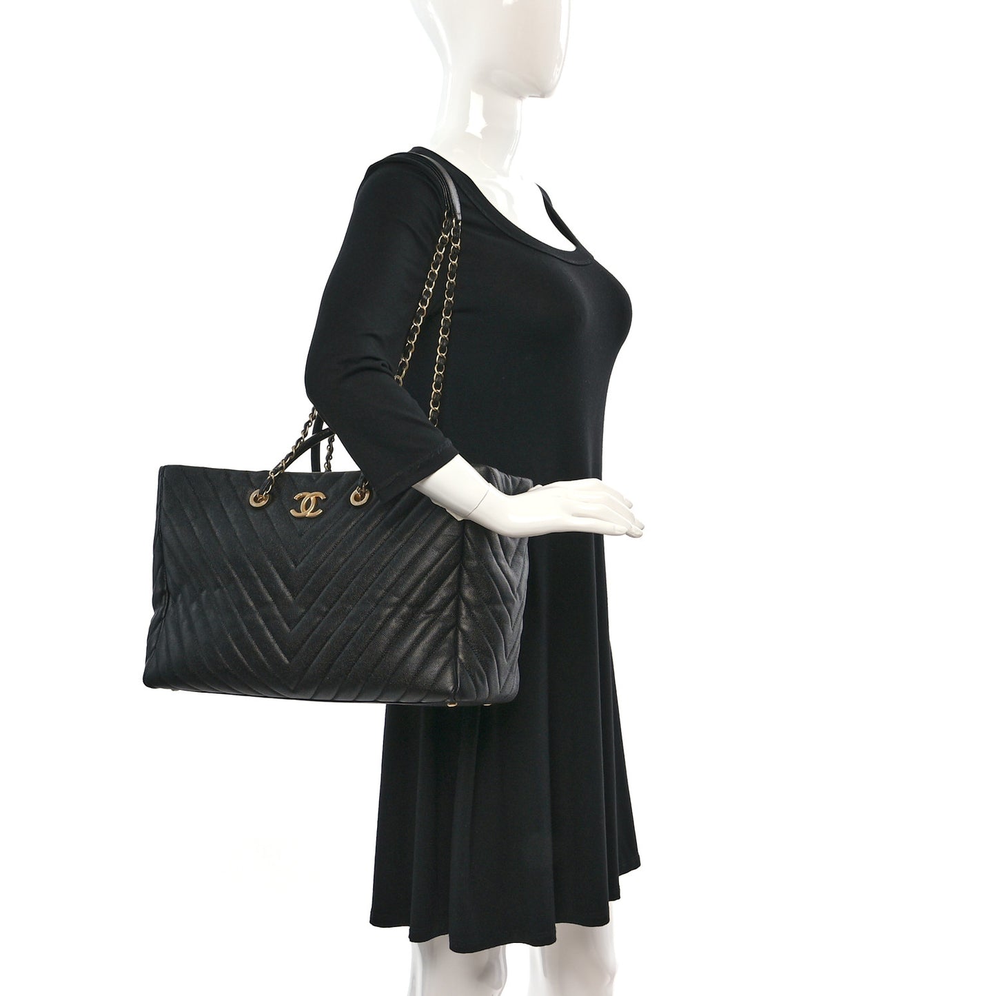 Caviar Chevron Large Coco Handle Shopping Tote Black