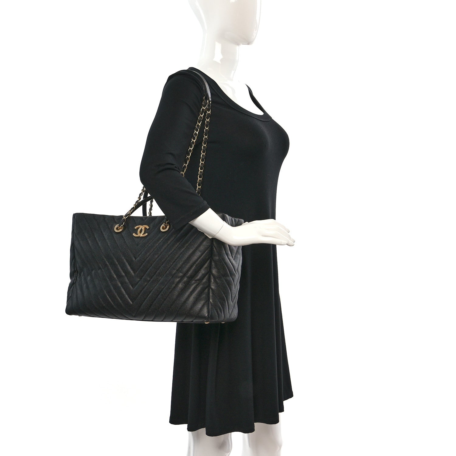 Chanel Caviar Chevron Large Coco Handle Shopping Tote Black 2 of 13