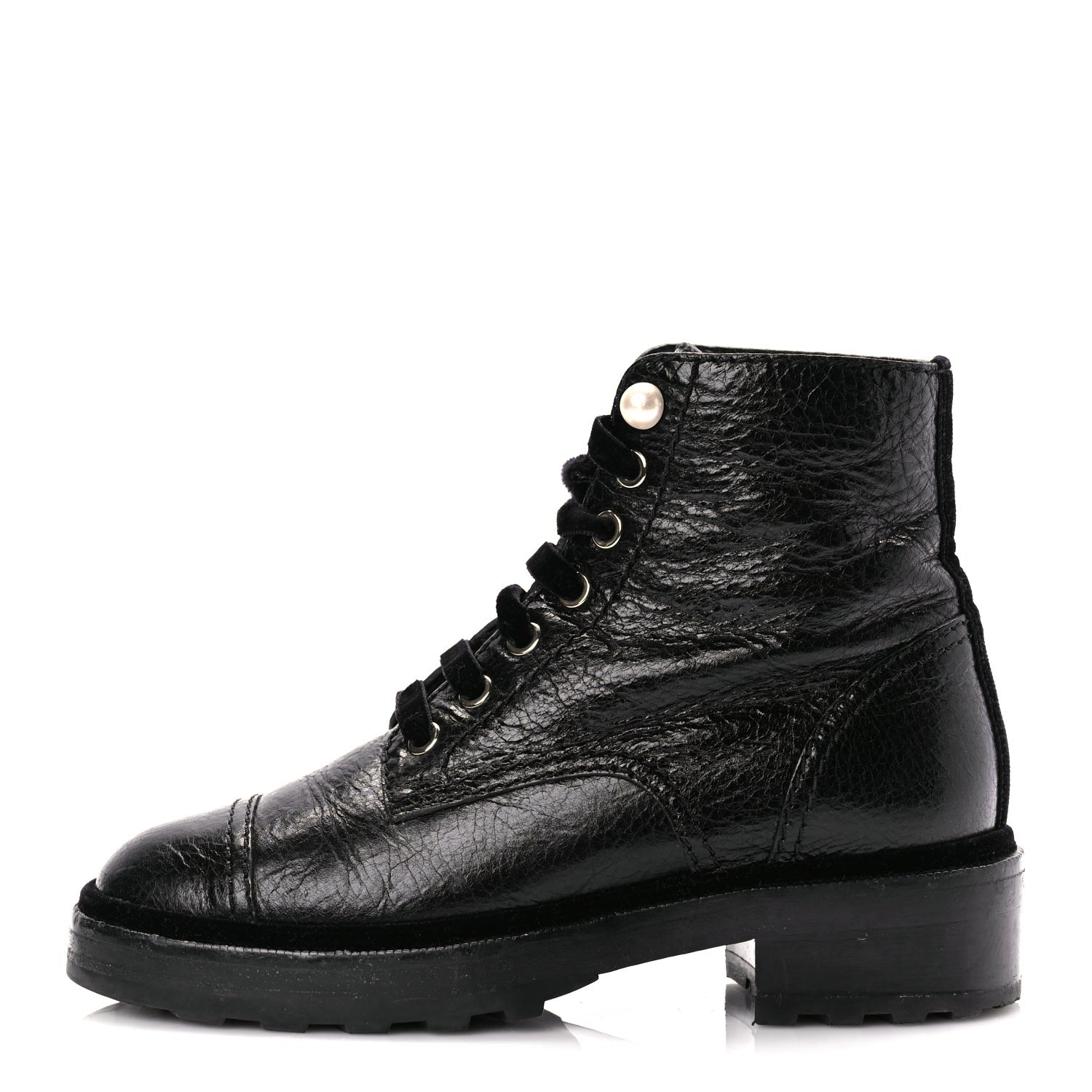 Chanel Shiny Calfskin Velvet Pearl Combat Short Boots  Black 1 of 10