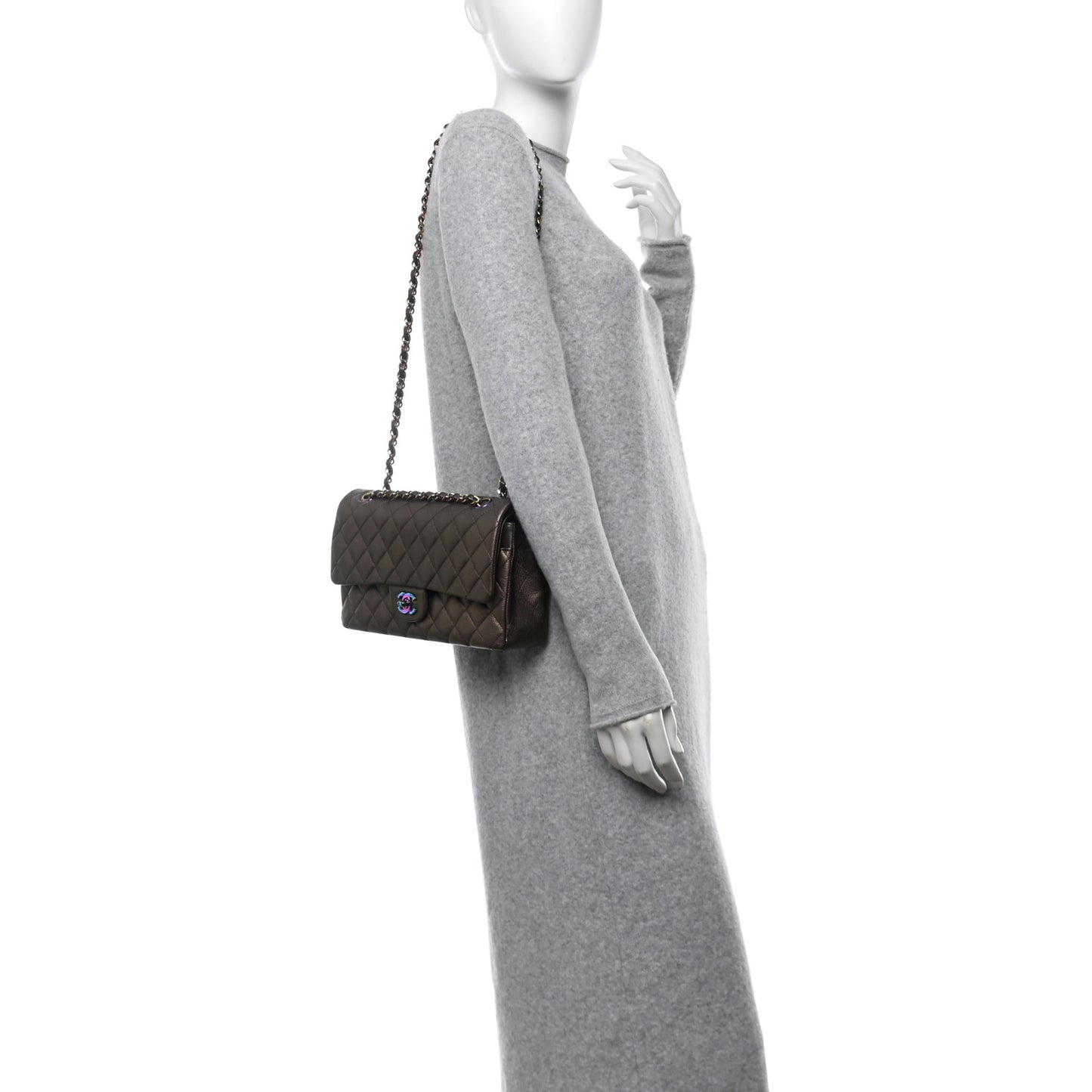 Iridescent Goatskin Quilted Medium Double Flap Bronze