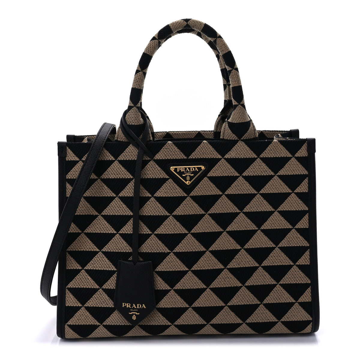 Prada Jacquard Saffiano Triangolo Symbole Embroidered Small Tote Black Corda Beige 1 of 9
