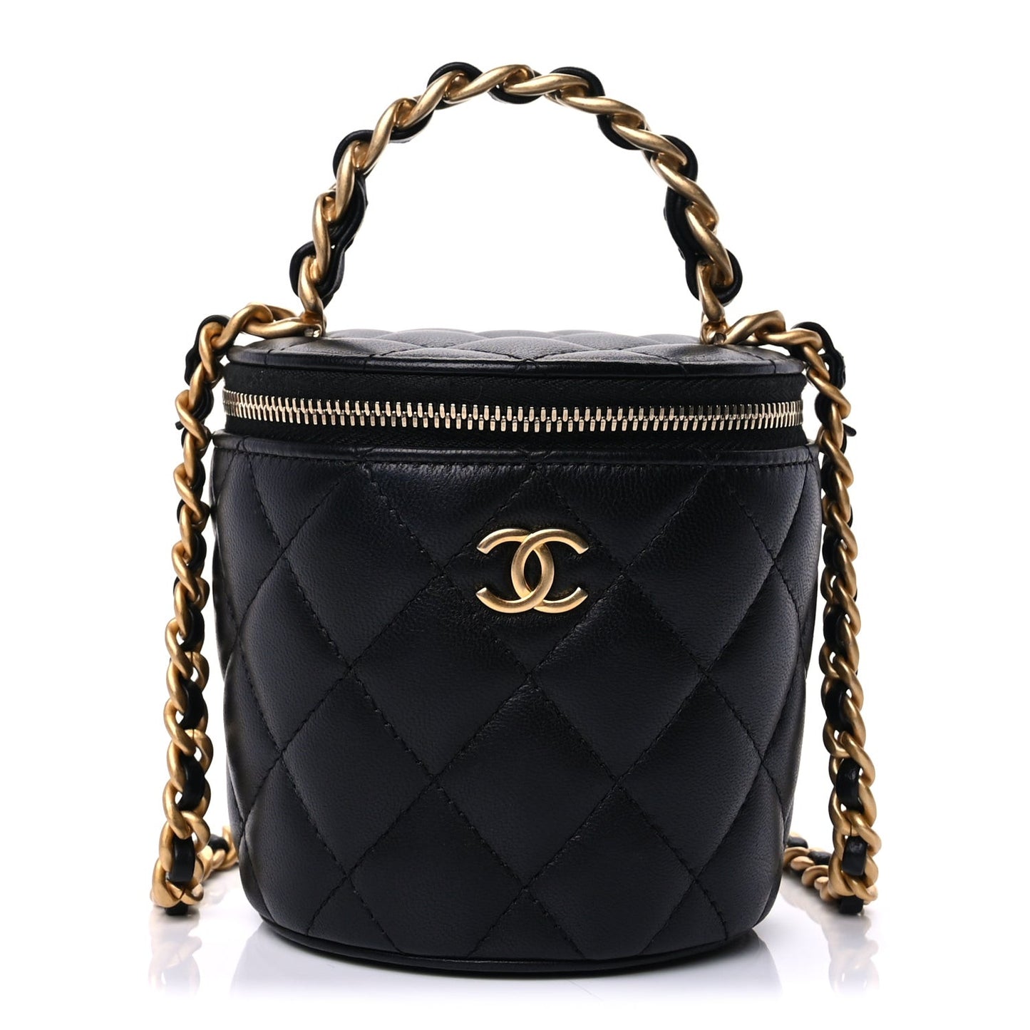 Lambskin Quilted Afternoon Tea Top Handle Vanity Case With Chain  Black
