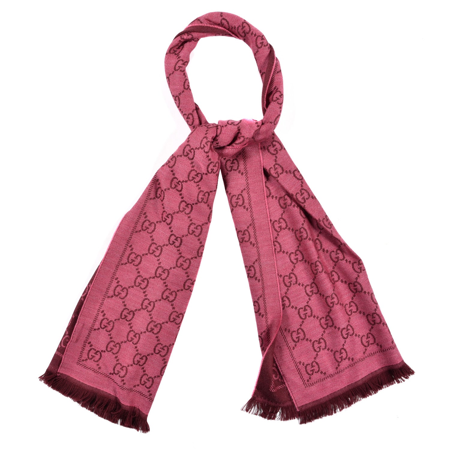 Gucci Wool Jacquard Monogram Reversible Stencil Fringe Scarf Pink Red 1 of 7