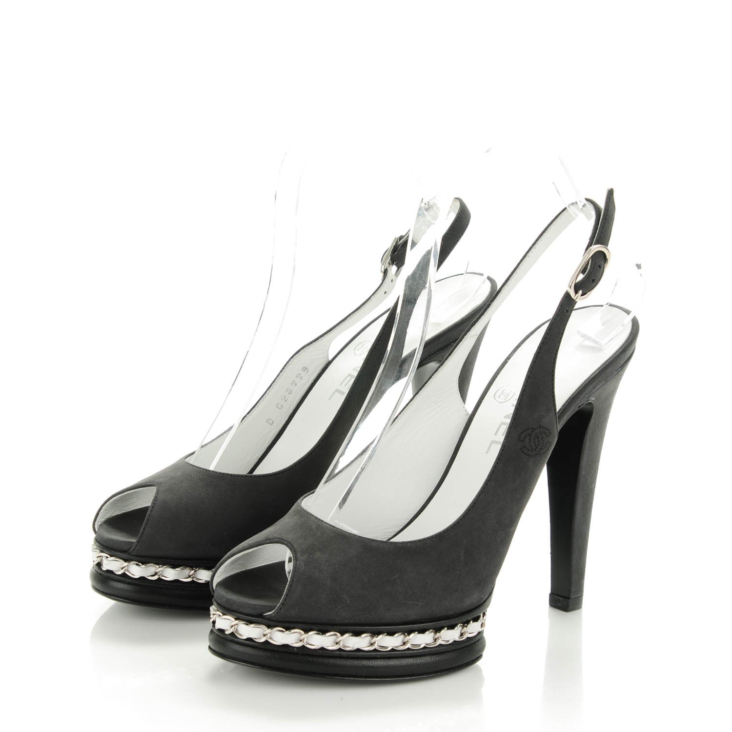 Chanel Suede Chain Peep Toe Slingback Pumps 38 Black 3 of 7