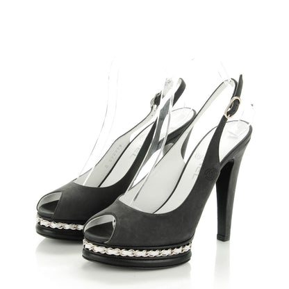 Chanel Suede Chain Peep Toe Slingback Pumps 38 Black 3 of 7