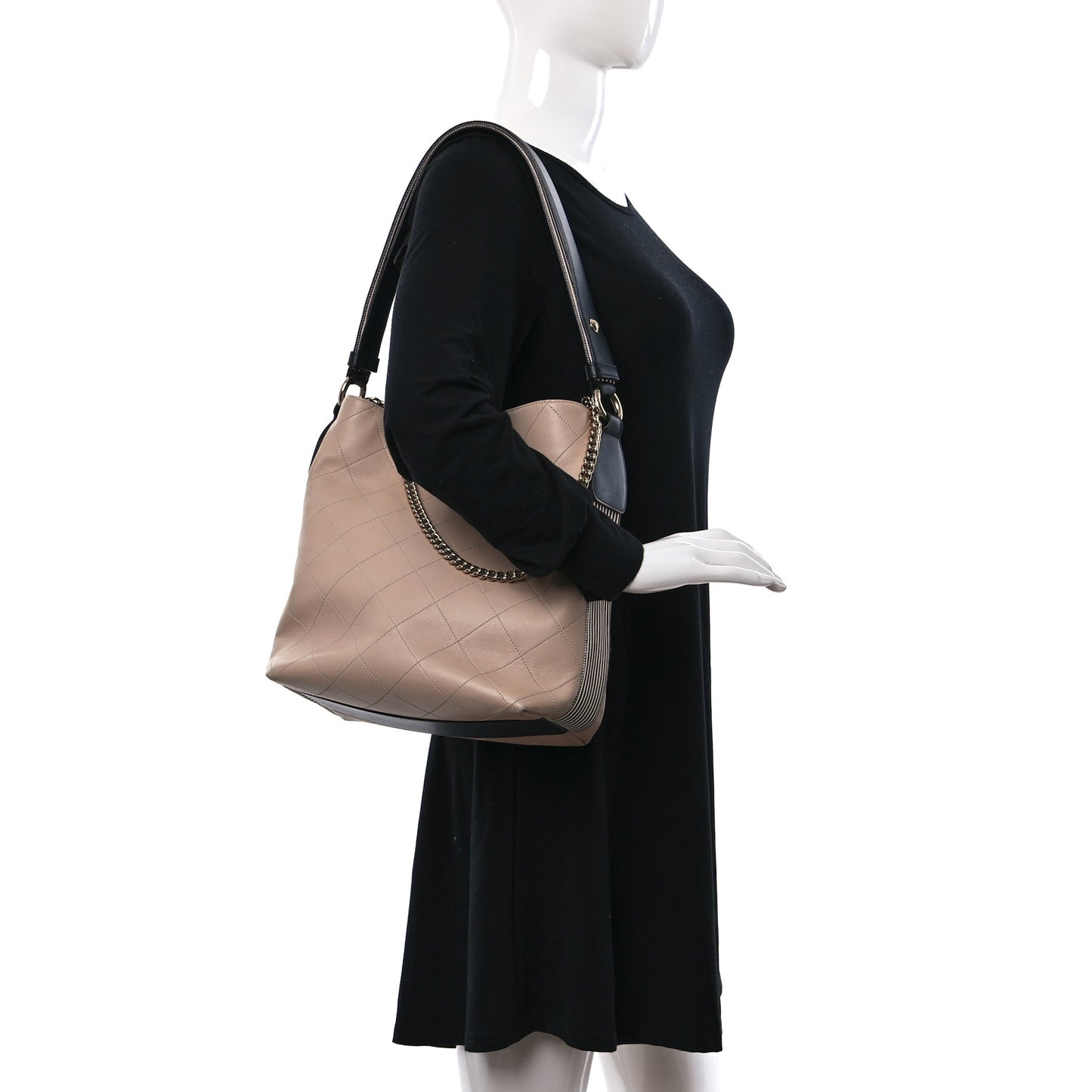 Calfskin Stitched Large Stripe Hobo Beige Black