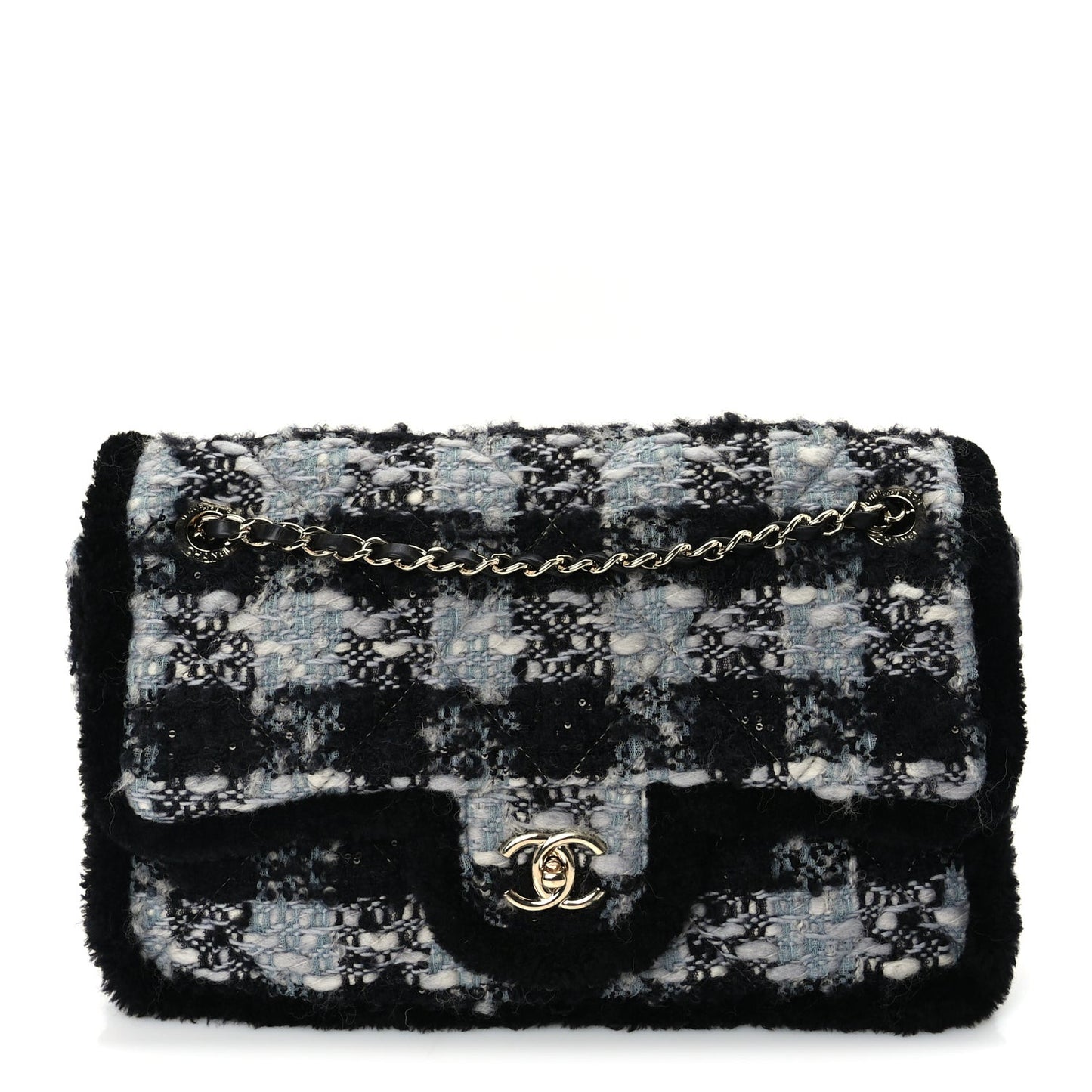 Tweed Shearling Large Flap Bag Blue Black