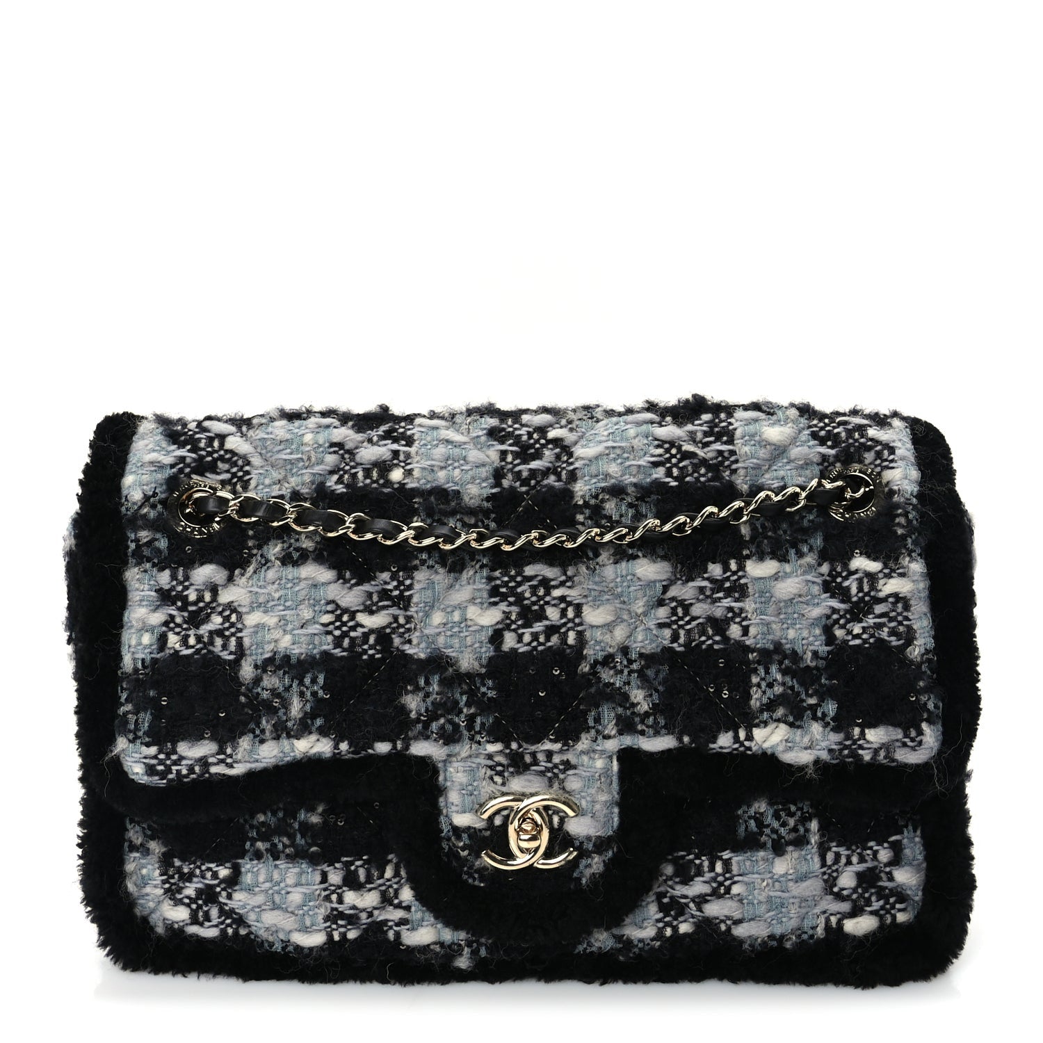 Chanel Tweed Shearling Large Flap Bag Blue Black 1 of 9