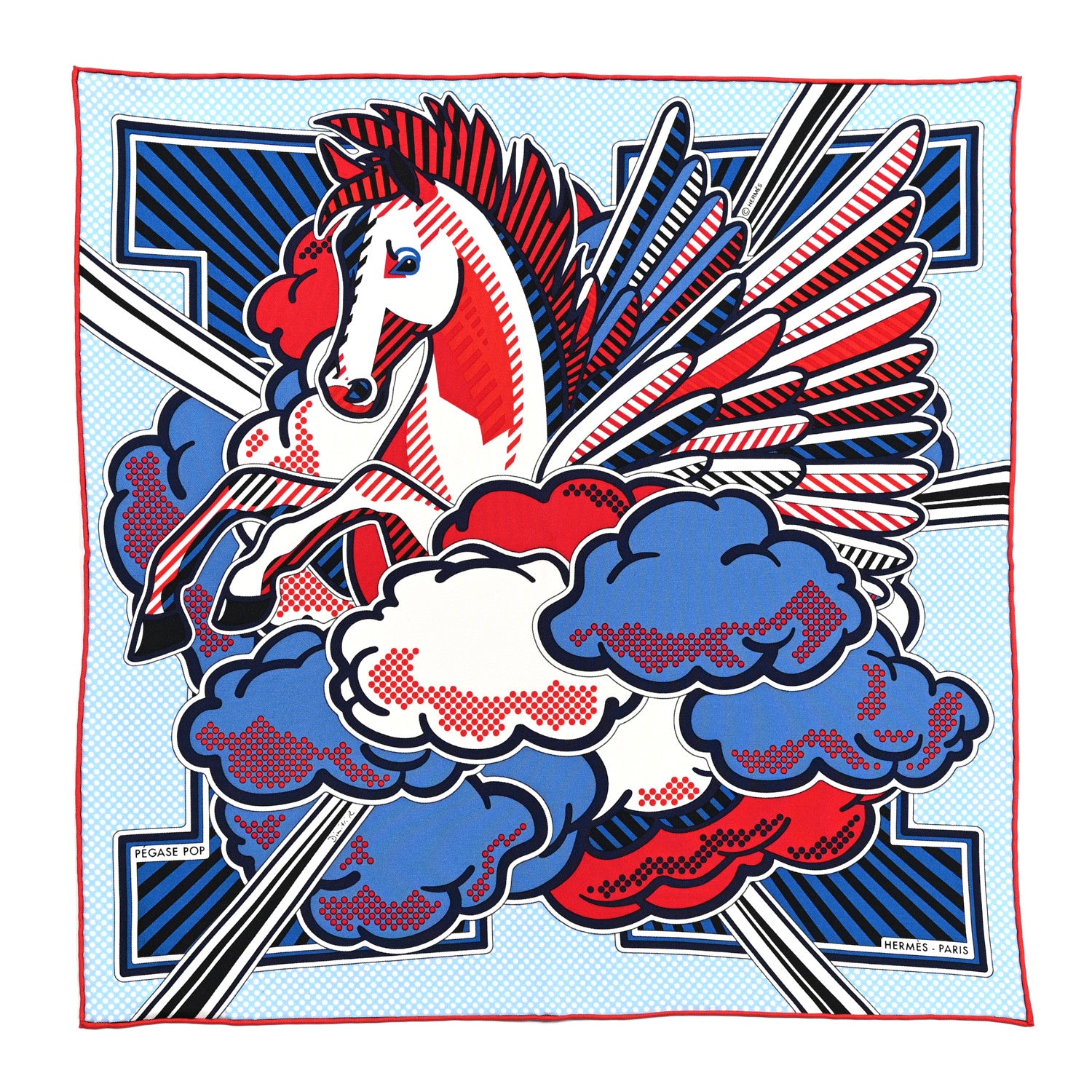 Hermes Silk Pegase Pop Pocket Square Ciel Rouge Bleu Moyen 1 of 7