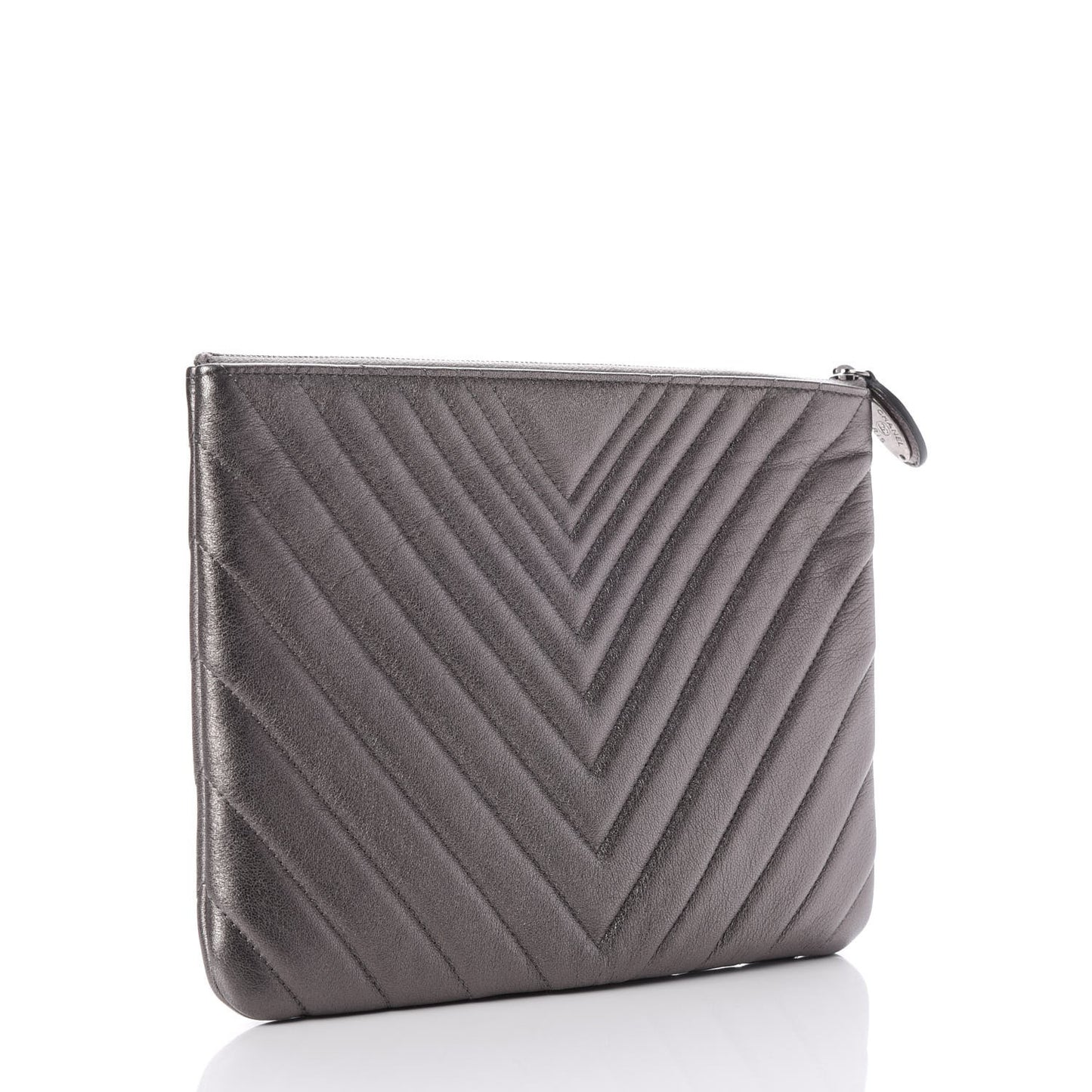 Metallic Calfskin Chevron Quilted Medium Cosmetic Case Dark Silver