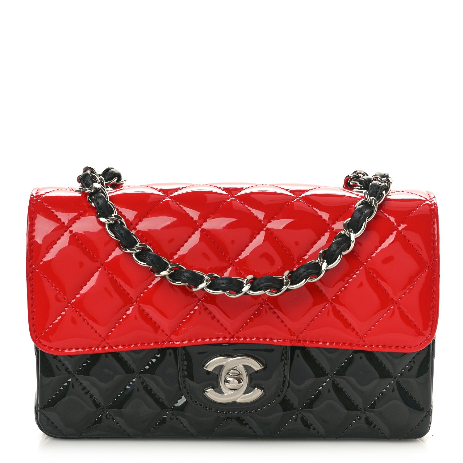 Chanel Patent Calfskin Quilted Bi-Color Mini Rectangular Flap Black Red 1 of 10