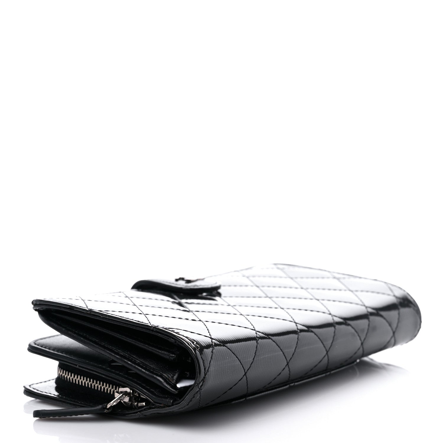 Chanel Striated Patent Quilted Zipped Pocket Long Wallet Black 4 of 11