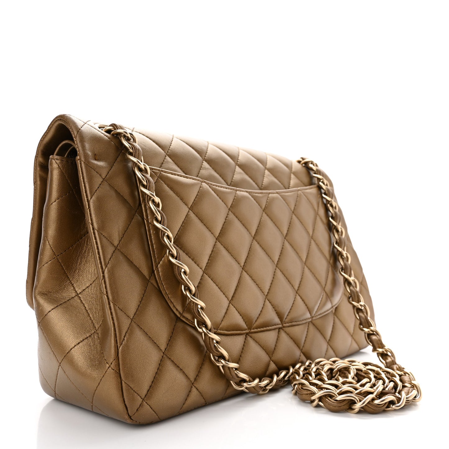 Metallic Lambskin Quilted Jumbo Double Flap Gold