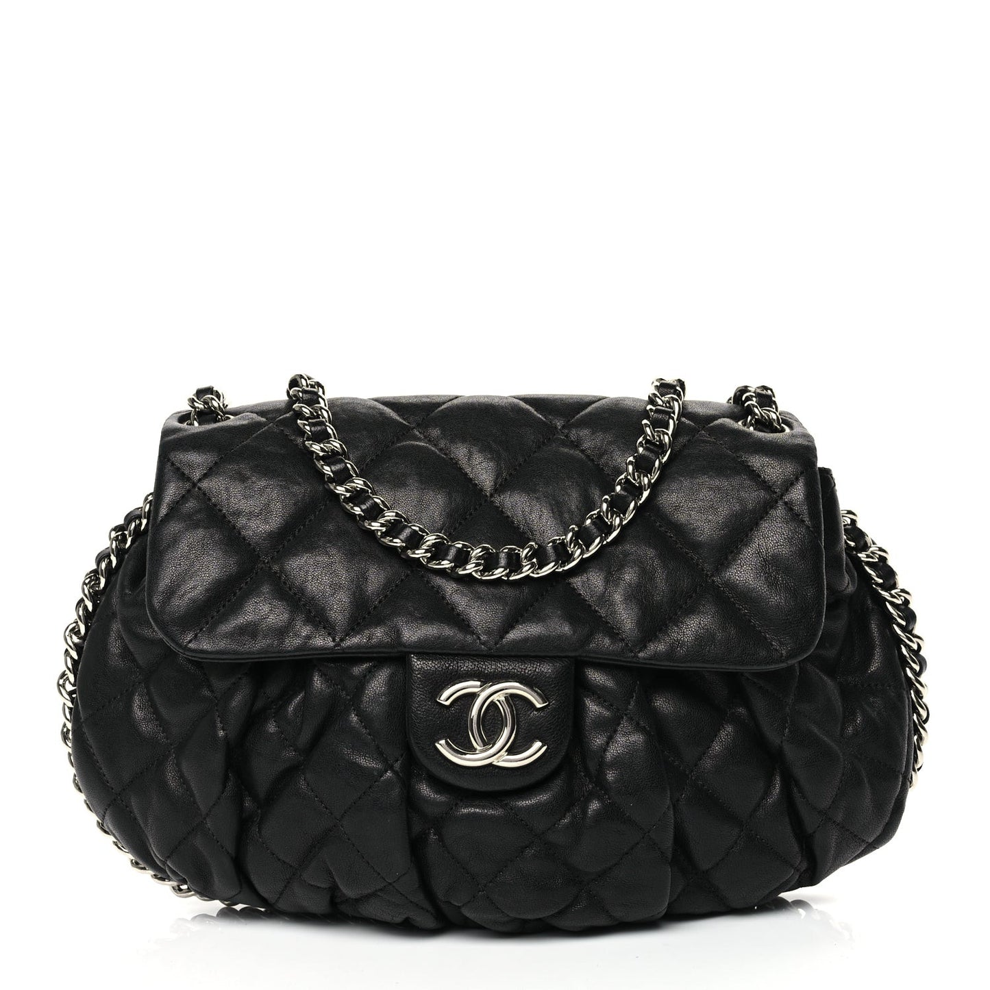Washed Lambskin Quilted Medium Chain Around Messenger Black