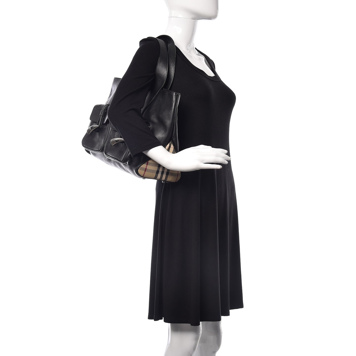 Calfskin Haymarket Check Toggle Shoulder Bag Black