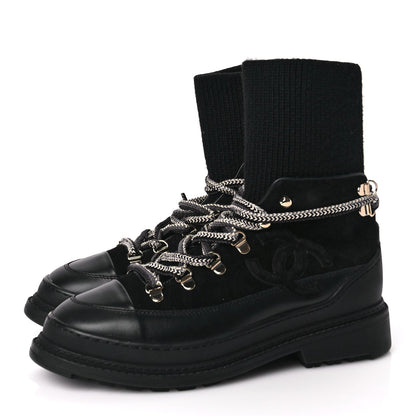 Chanel Suede Knit Womens Sock Lace Up Boots Black 4 of 7
