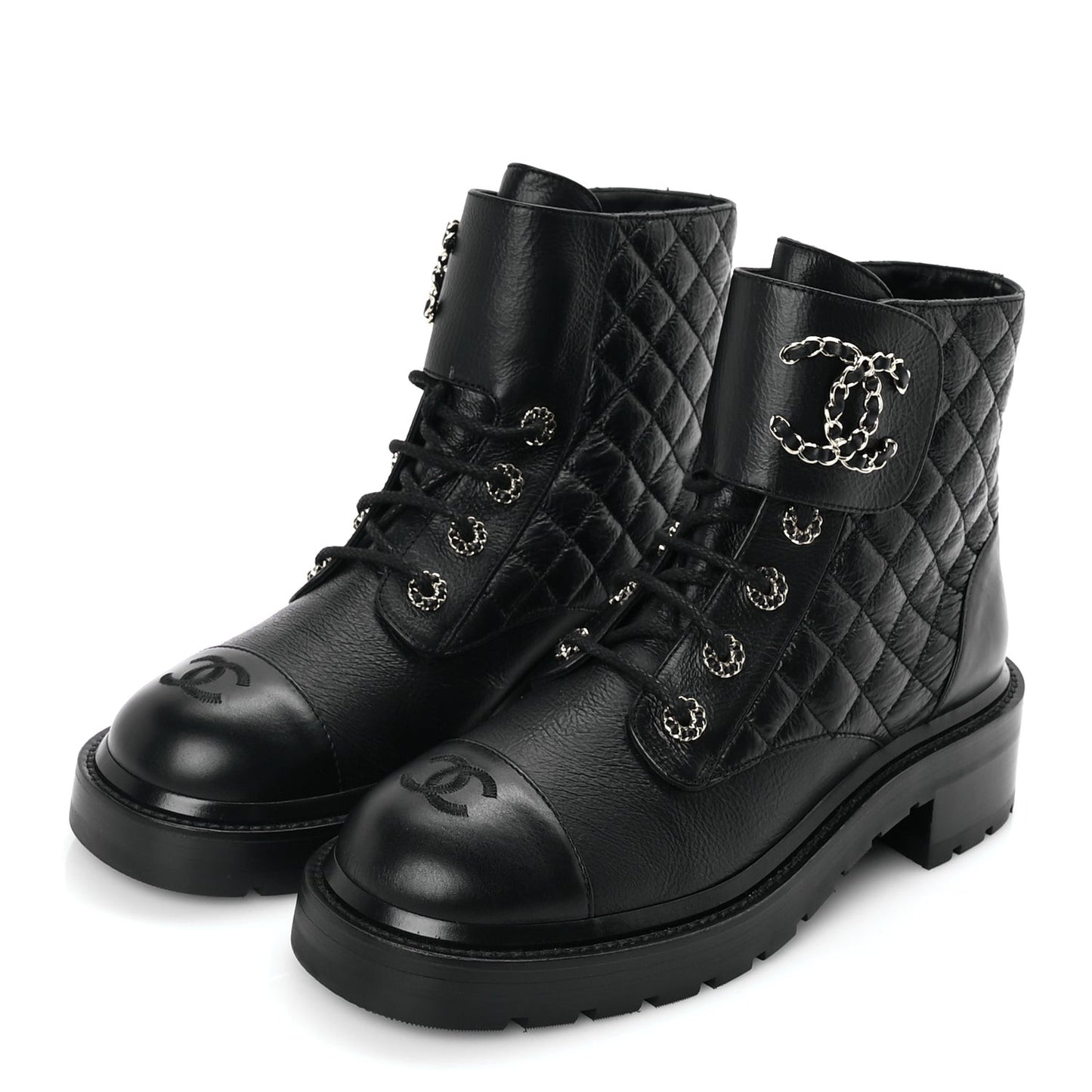 Shiny Goatskin Calfskin Quilted Lace Up Combat Boots 40 Black