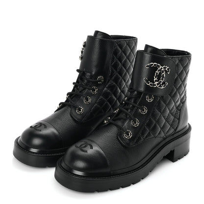 Chanel Shiny Goatskin Calfskin Quilted Lace Up Combat Boots 40 Black 2 of 8