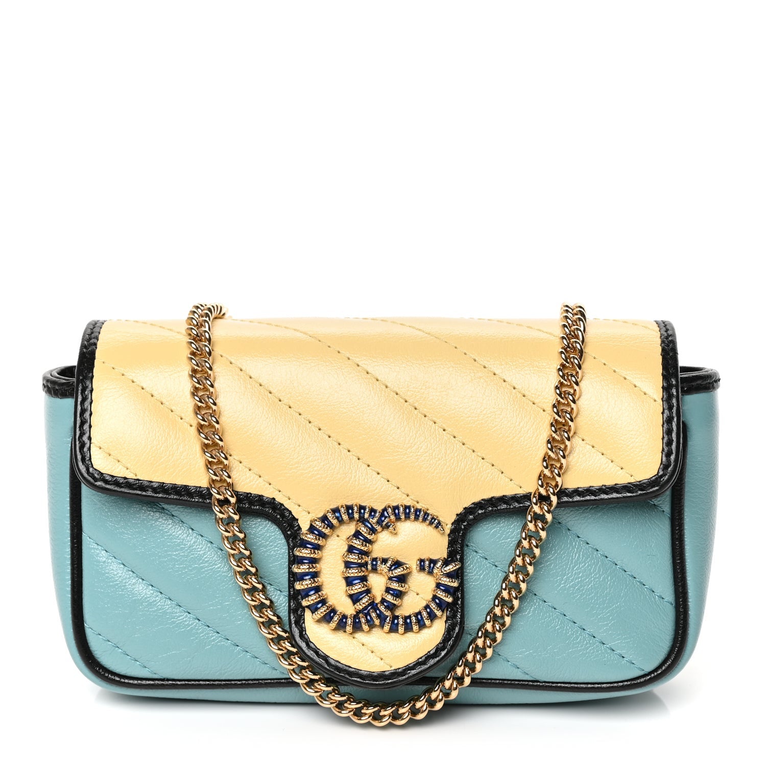 Gucci Azalea Calfskin Enamel Matelasse Diagonal Super Mini Torchon GG Marmont Shoulder Bag Butter Dusty Azure Black Electric Blue 1 of 9