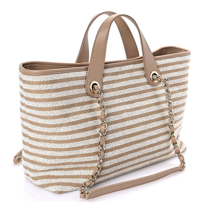 Chanel Printed Fabric Striped CC Tote Light Beige 2 of 7