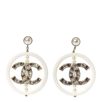 Chanel Resin Crystal Baguette Pearl CC Drop Hoop Earrings Gold White 1 of 6