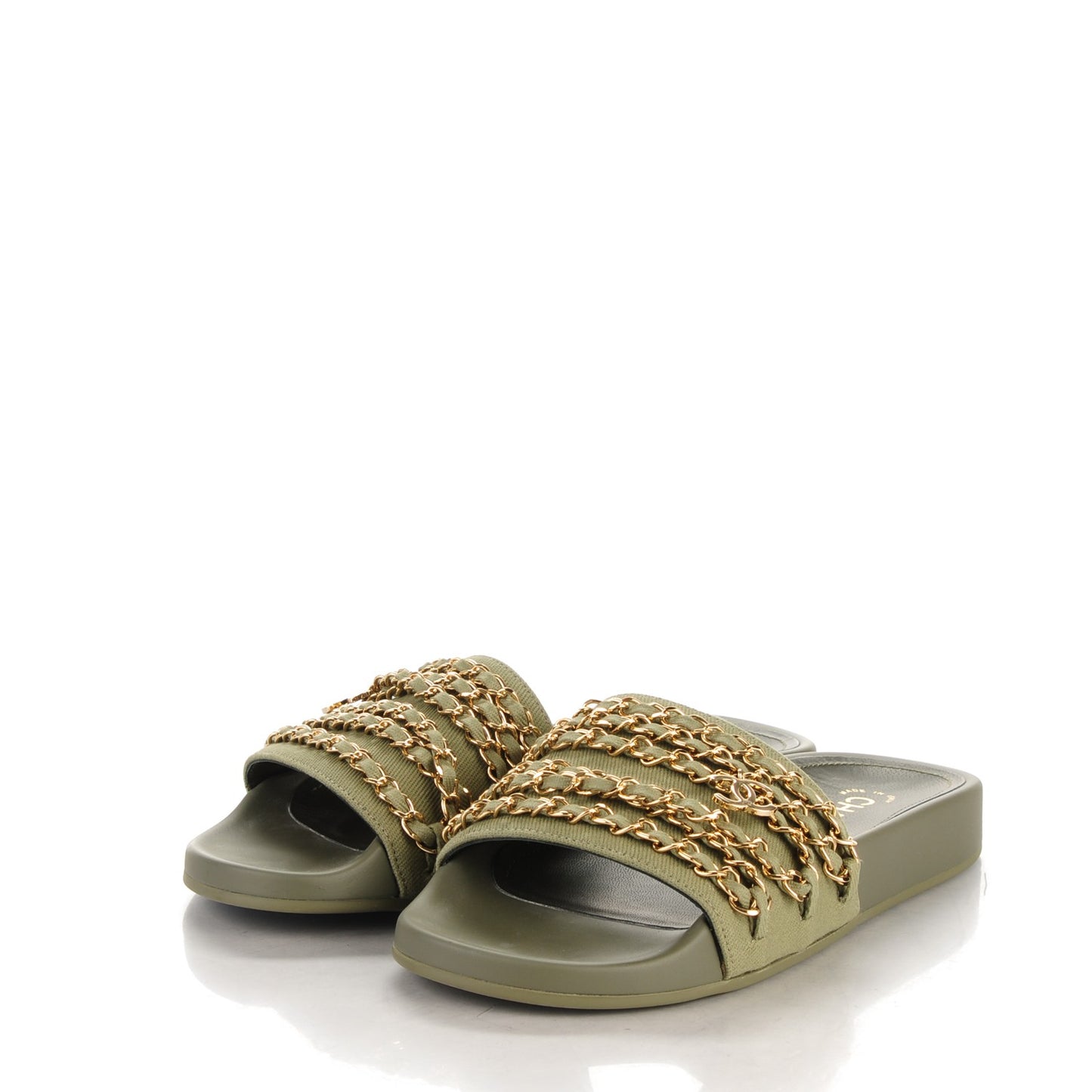 Lambskin Canvas Chain Flat Sandals 37 Khaki