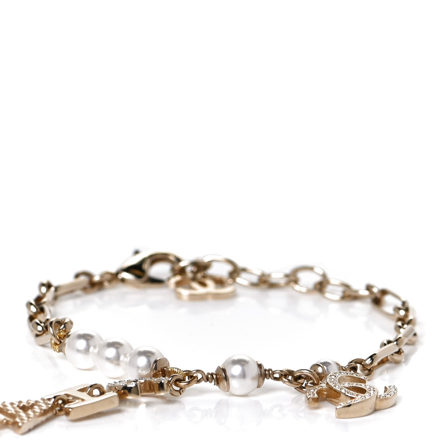 Chanel Pearl Crystal Logo Ring Chain Bracelet Gold 1 of 4