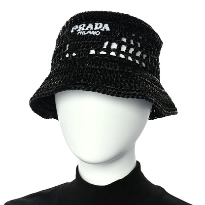 Prada Yarn Raffia Effect Crochet Logo Embroidered Womens Bucket Hat M Black 2 of 6