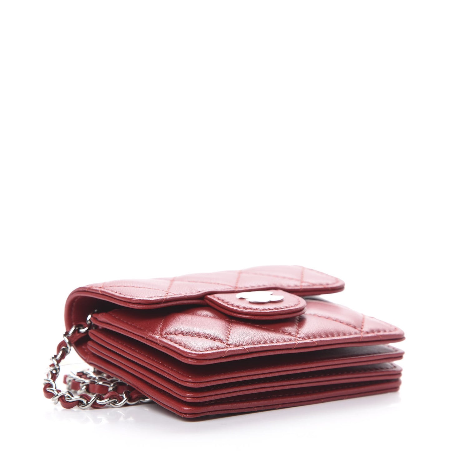 Lambskin Quilted Flap Card Holder On Chain Dark Red
