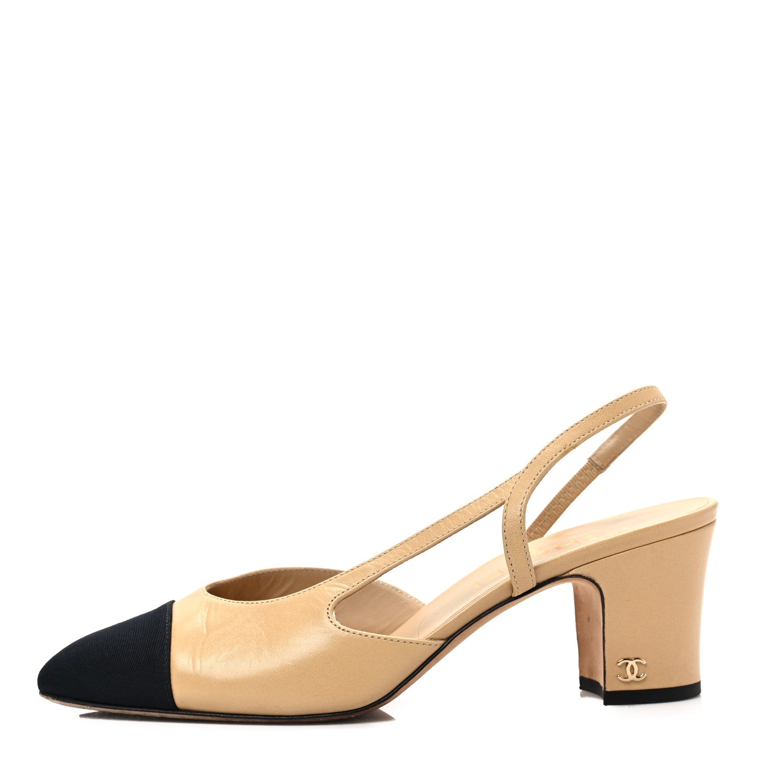 Chanel Lambskin Grosgrain Cap Toe CC Slingback Pumps 38.5 Beige Black 1 of 7