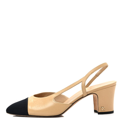 Chanel Lambskin Grosgrain Cap Toe CC Slingback Pumps 38.5 Beige Black 1 of 7