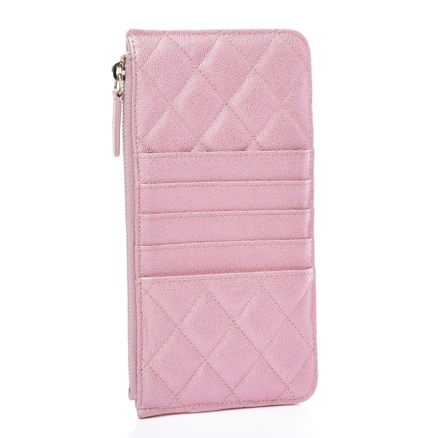 Iridescent Caviar Quilted Classic Flat Wallet Pouch Pink