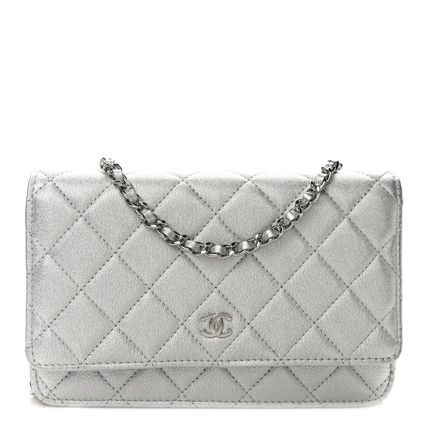 Chanel Metallic Lambskin Quilted Wallet On Chain WOC Silver 1 of 11
