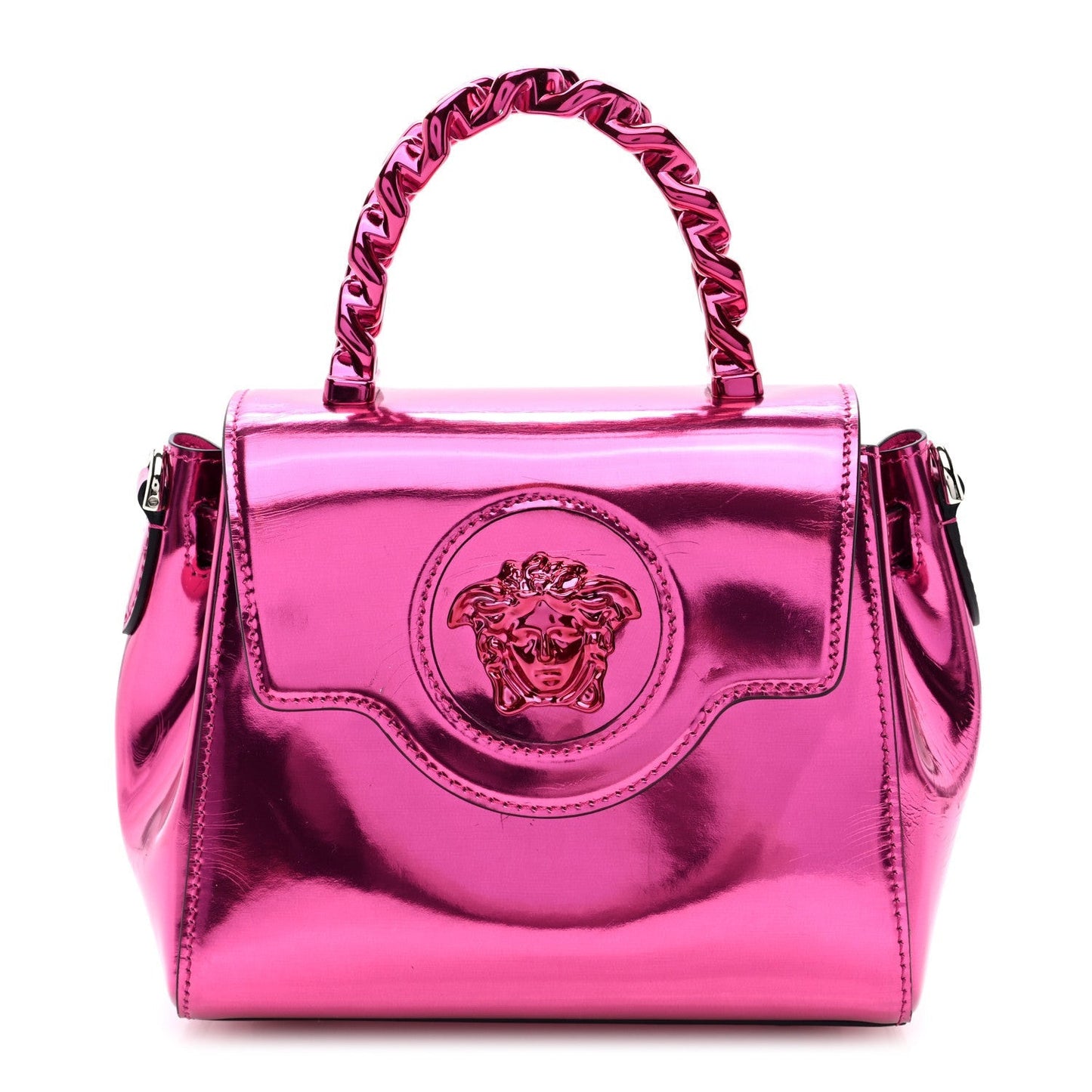 Patent Calfskin Mini La Medusa Chain Top Handle Bag Fuchsia