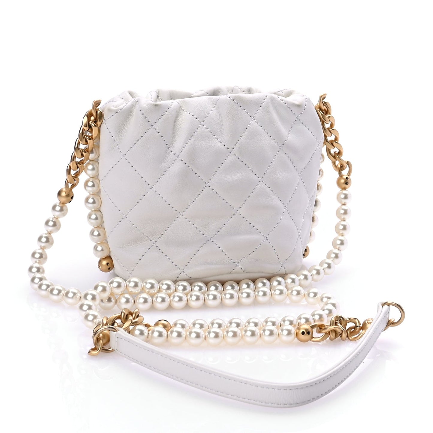 Calfskin Quilted Pearl Mini About Pearls Drawstring Bucket Bag White