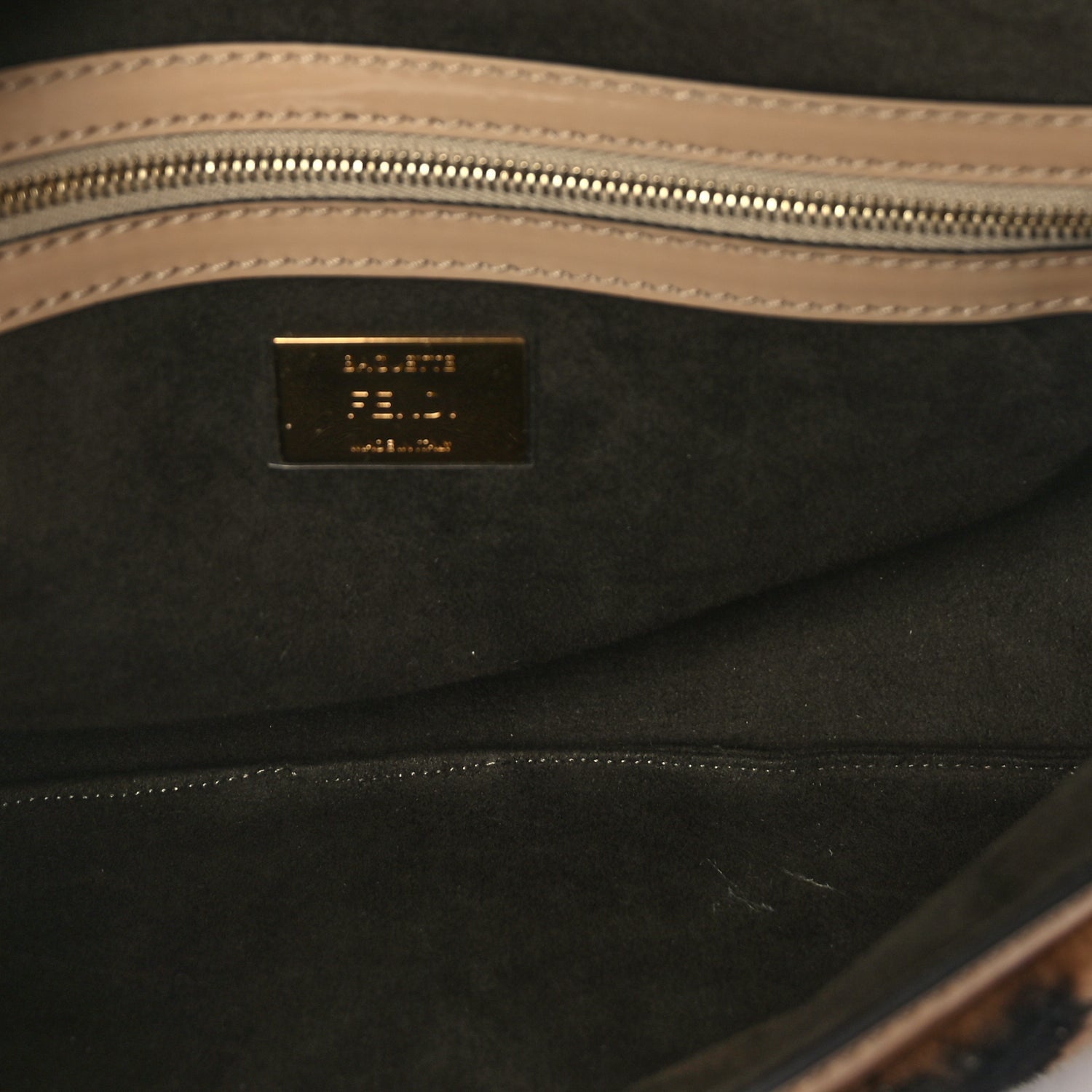 Fendi Shearling Vitello Vernice Mou Pequin Striped Baguette  Tobacco Black Tortora 4 of 8