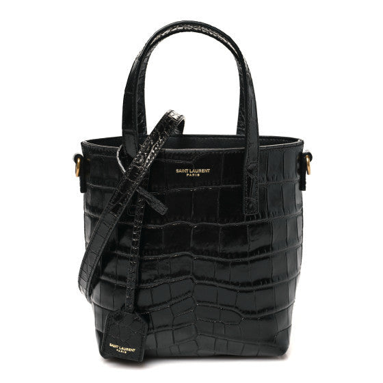 Calfskin Crocodile Embossed Paris Mini Toy Shopper Tote Black