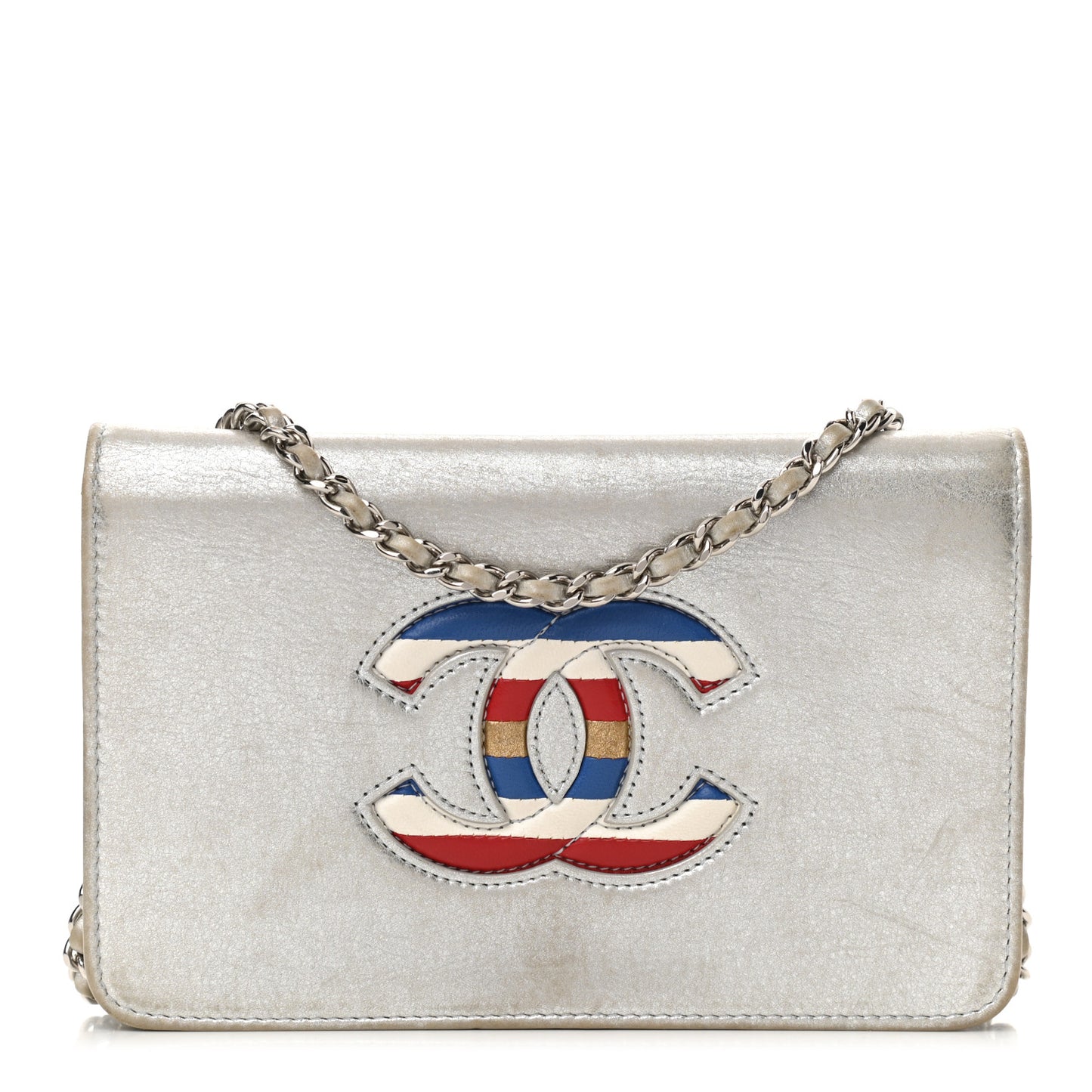 Metallic Lambskin Wallet on Chain WOC Silver